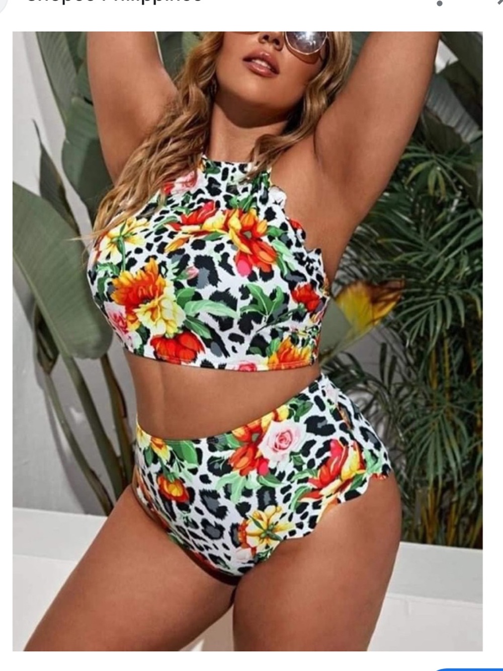 SHEIN White Floral & Black Leopard High-Waist Bikini Set